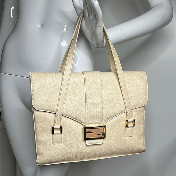 Fendi Handbags - Fendi Beige Cream Leather Logo Marble Clasp Bag